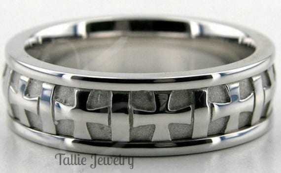 Mens White Gold Wedding Bands, Cross Design Rings, 6.5mm 10K 14K 18K Solid Bands