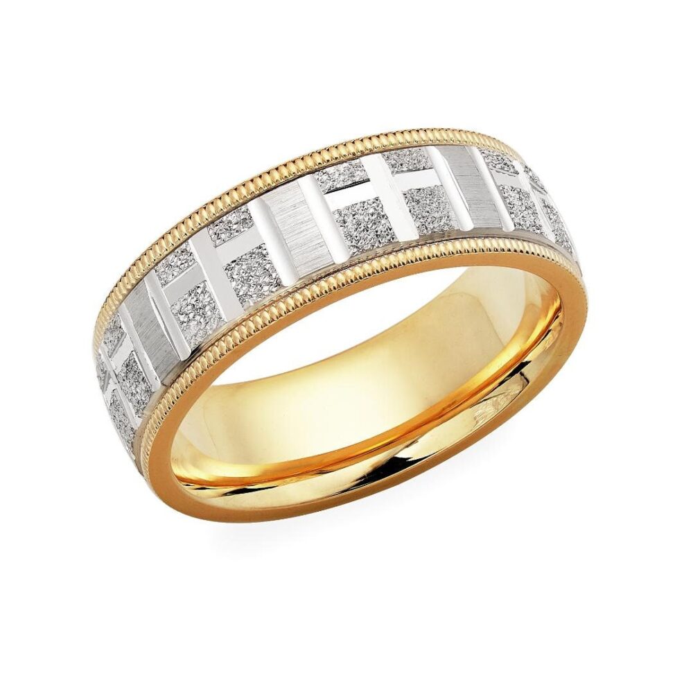 7mm 10K 14K 18K Solid Yellow Gold Mens Wedding Bands, Handmade Rings, Two Tone Cross Ring, For Men