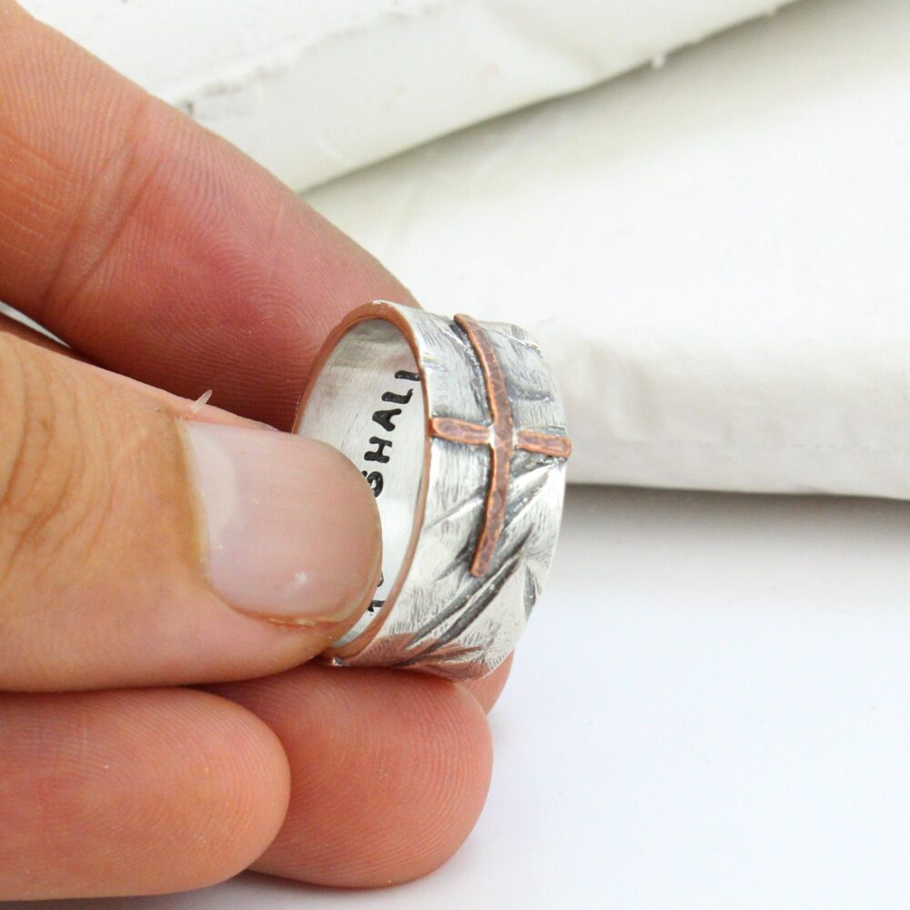 Silver Cross Ring - Hammered Men's Band Wide For Women Gift Men Personalized Engraving Inside Christian