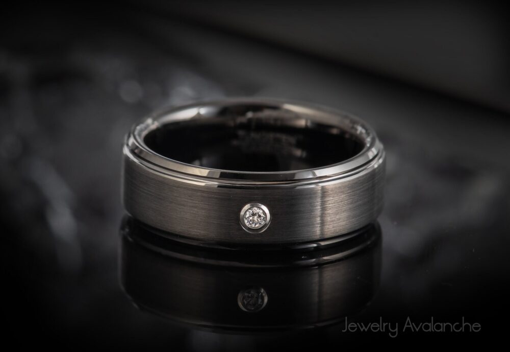 Mens Diamond Tungsten Ring, Gunmetal Dark Gray Wedding Band, Ring With Genuine Diamond, Gemstone Band For Men, Luxury