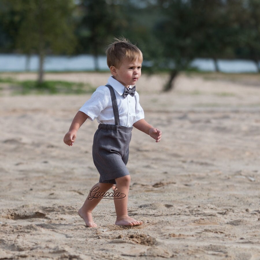 Gray Linen Baby Boy Outfit, Ring Bearer Suit, Toddler Suspender Shorts Set