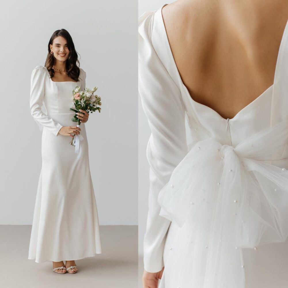 Bridal White Maxi Dress Eva Silk Wedding Gown With Bow