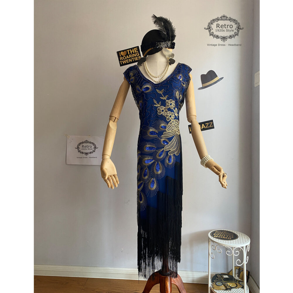 1920S Vintage Gatsby Beaded Sequins Peacock Flapper Dress Roaring Wedding Bridal Evening/Blue Cocktail Party Gown