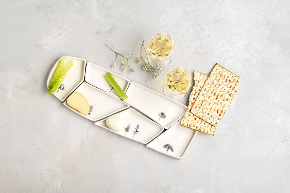 Rectangular Large Handmade Pottery Seder Plate, Puzzle Serving Dish Set With Tree Decals, Jewish Passover/Wedding Gift, White