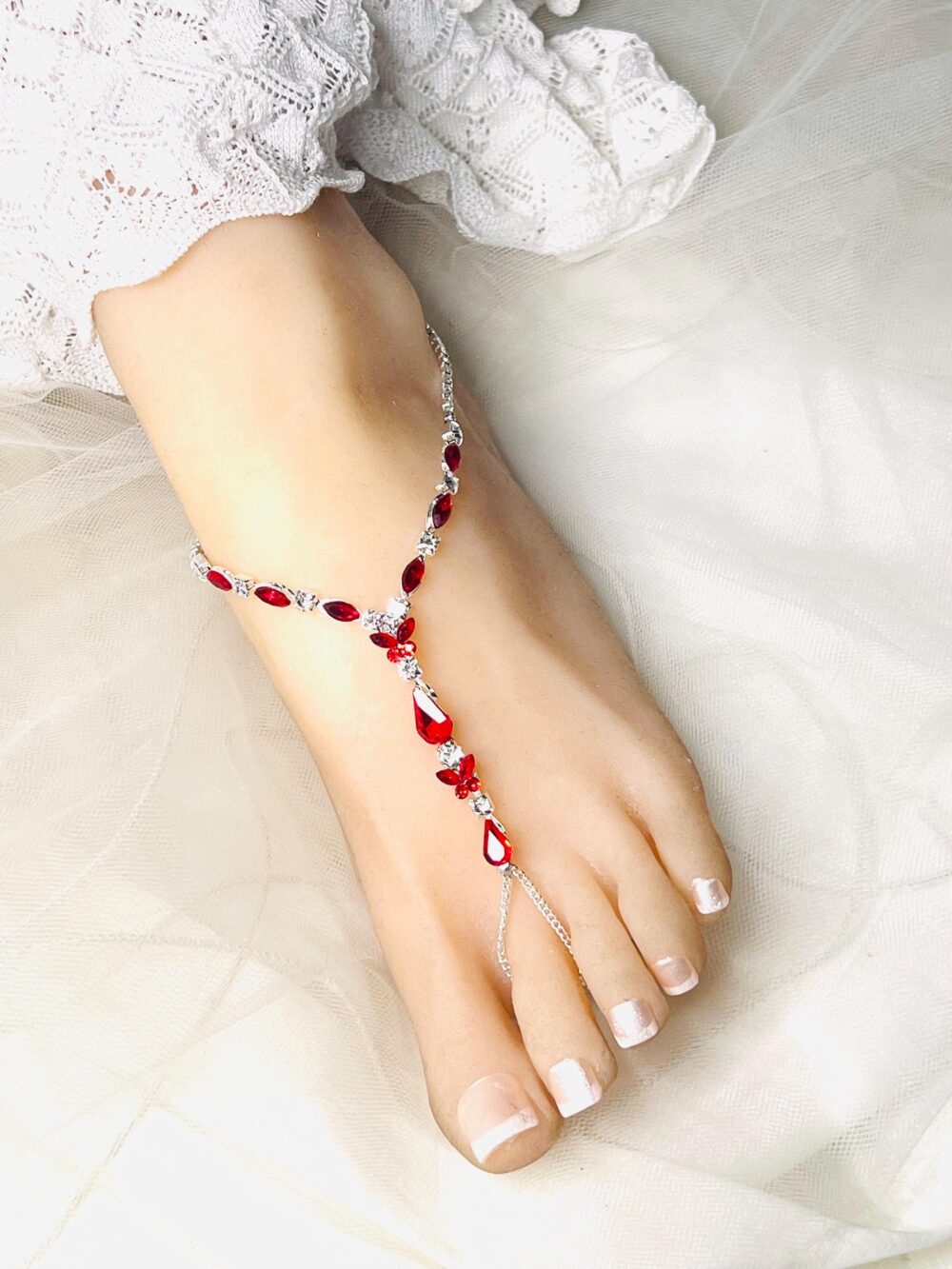 Red Rhinestone Barefoot Sandals, Silver Plated Bridal Foot Jewelry