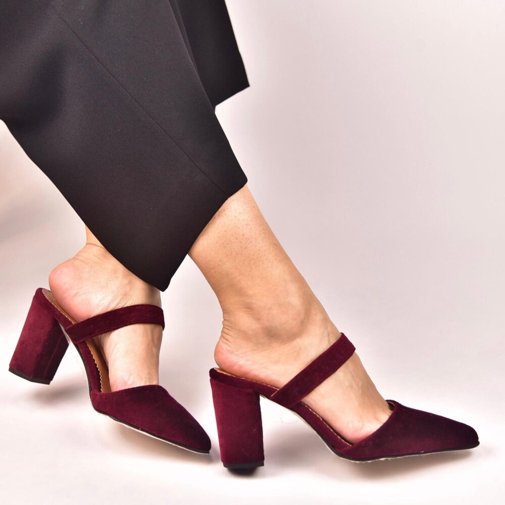 Burgundy Velvet Wedding Shoes Handmade Block Heel Bridal Shoes