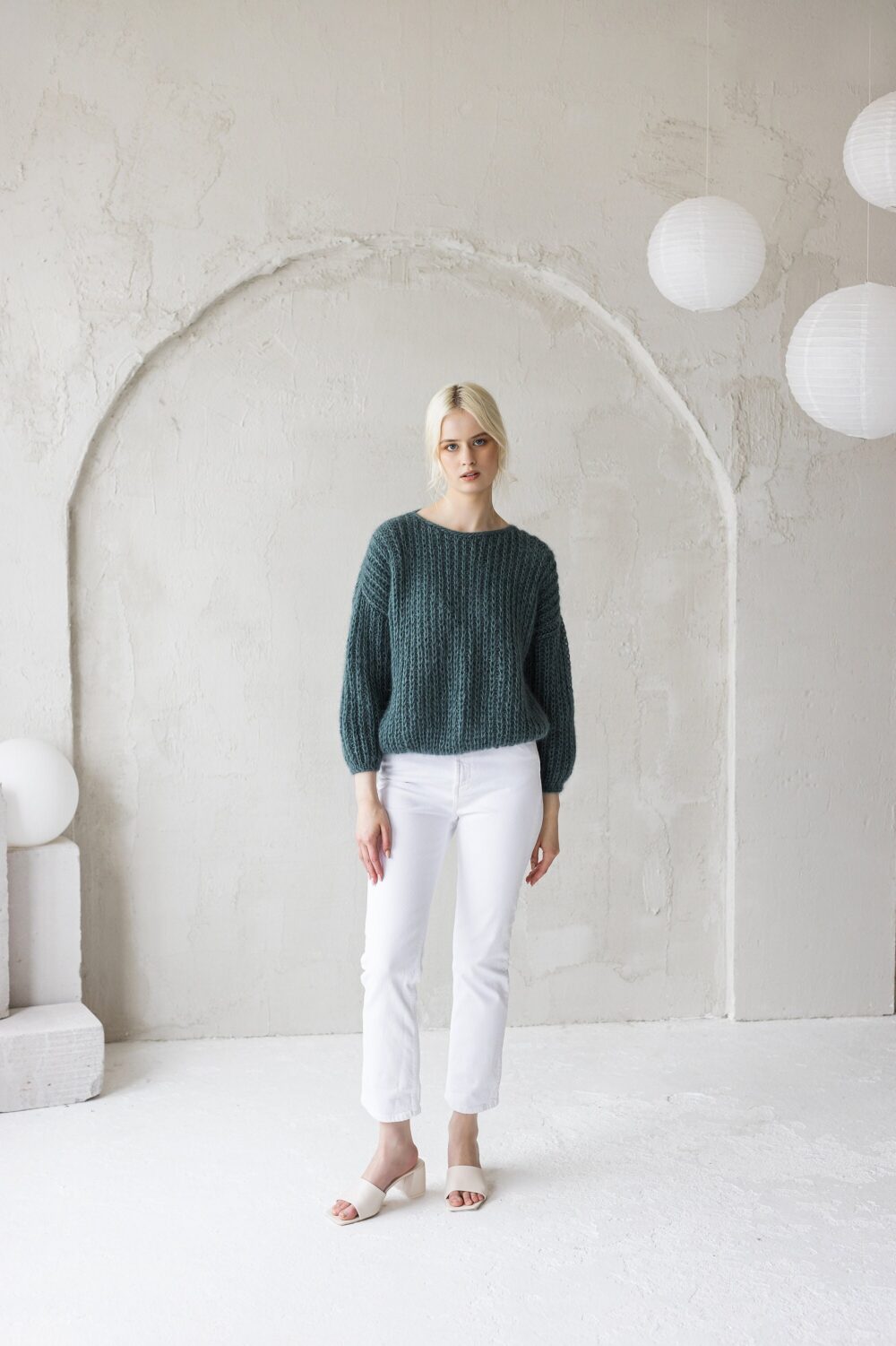 Green Mohair Hand Knitted Fluffy Sweater, Sea Green Women's Alpaca Wool Jumper, Teal Fuzzy Cable Knit Pullover, Oversized Thick Puller Woman