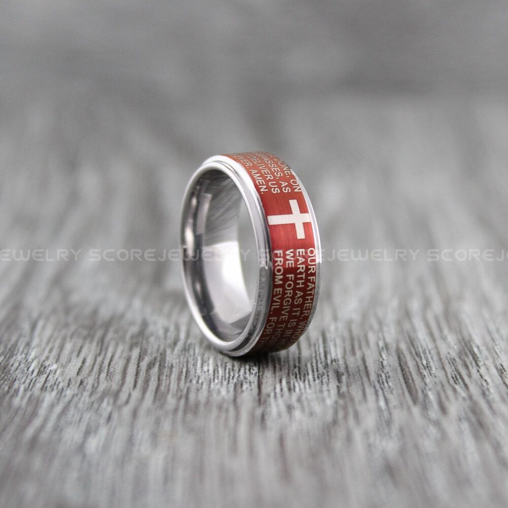 Lord Prayer Ring, Christian Religion 8mm Deep Red Velvet Tungsten Band With Step Edge, Wedding Ring