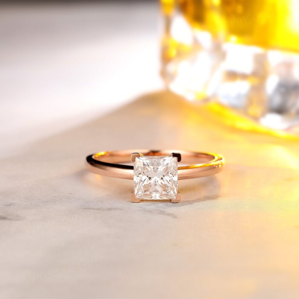 2Ct Princess Cut Moissanite Wedding Ring, 14K Rose Gold Engagement Solitaire Ring Design, Plain Band, Promise Bridal