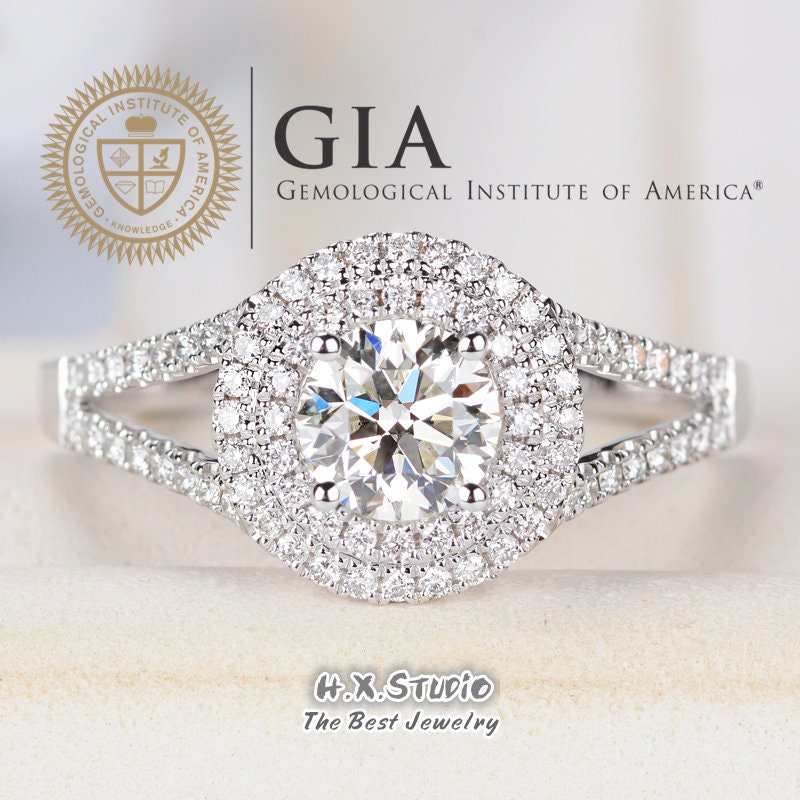 Gia Cert Round Diamond Engagement Ring, 0.3Ct-1.0Ct, Solitaire Double Halo Ring in Solid 18K Gold, Cross Band Wedding Love Gift