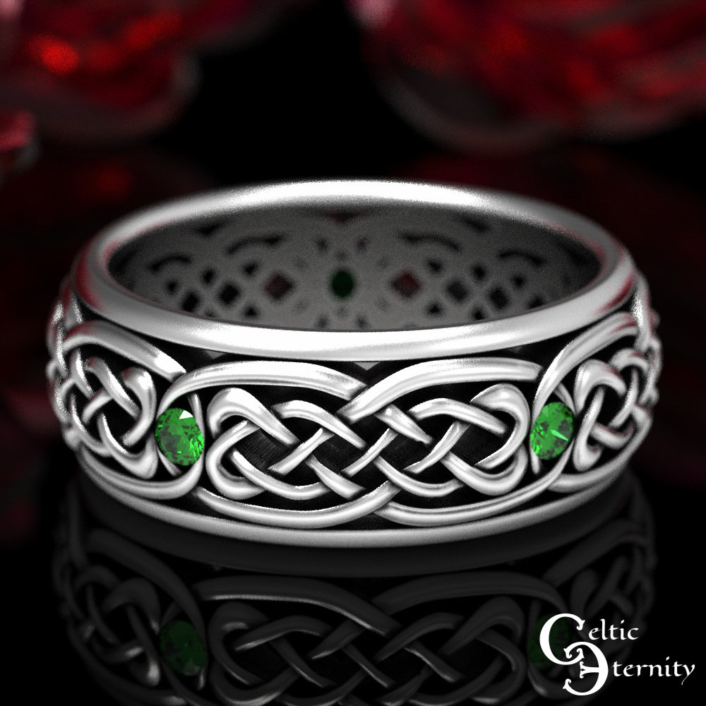 Emerald & Silver Wedding Band, Modern Celtic Mens Ring, Sterling 1584