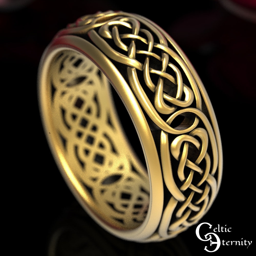 Gold Wedding Band, Celtic Mens Ring, Platinum Wide 1583