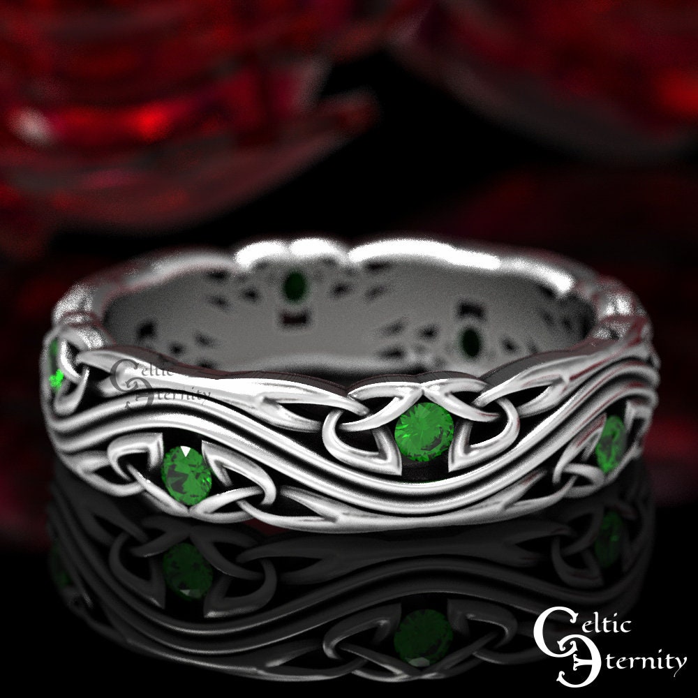 Emerald Silver Celtic Wedding Band, Ring, Sterling Eternity 1462