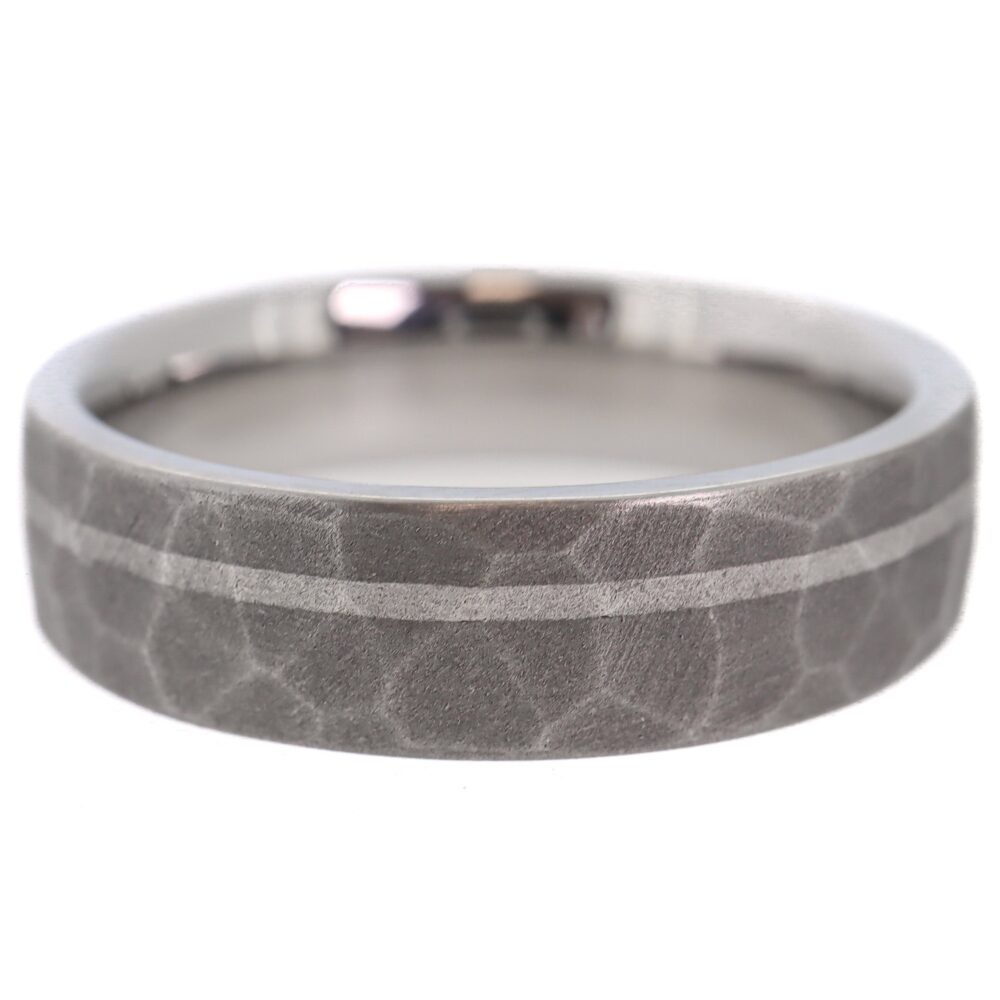 Faceted Titanium With Platinum Inlay - 6mm Men's Wedding Band, Manly Ring, Sandblasted, Hammered Texture, Grey & Silver