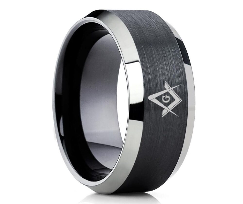 Black Tungsten Wedding Ring, Masonic Band, Tungsten Carbide Ring, Engagement Ring, Tungsten Ring, Black Masonic Ring, Comfort Fit