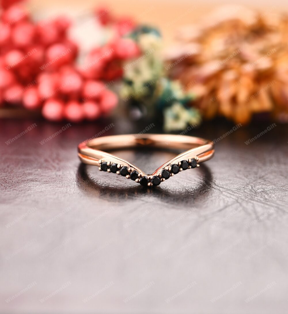 Black Simulated Diamond Curved Wedding Band, 14K Rose Gold Stone Ring, Bridal Anniversary Rings Gift, Promise Ring