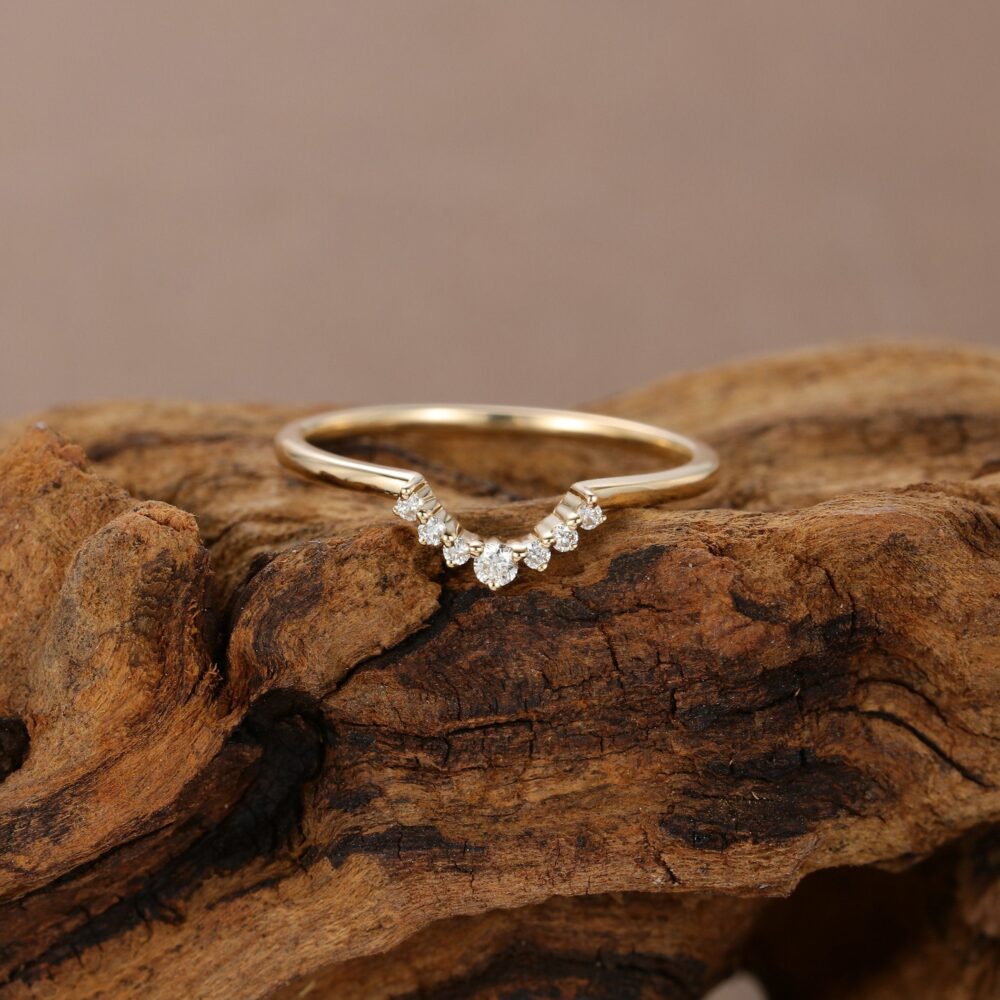 Curved Wedding Band Women Rose Gold Diamond Ring Vintage Thin Dainty Bridal Delicate Stacking Matching Promise Gift For Her Custom