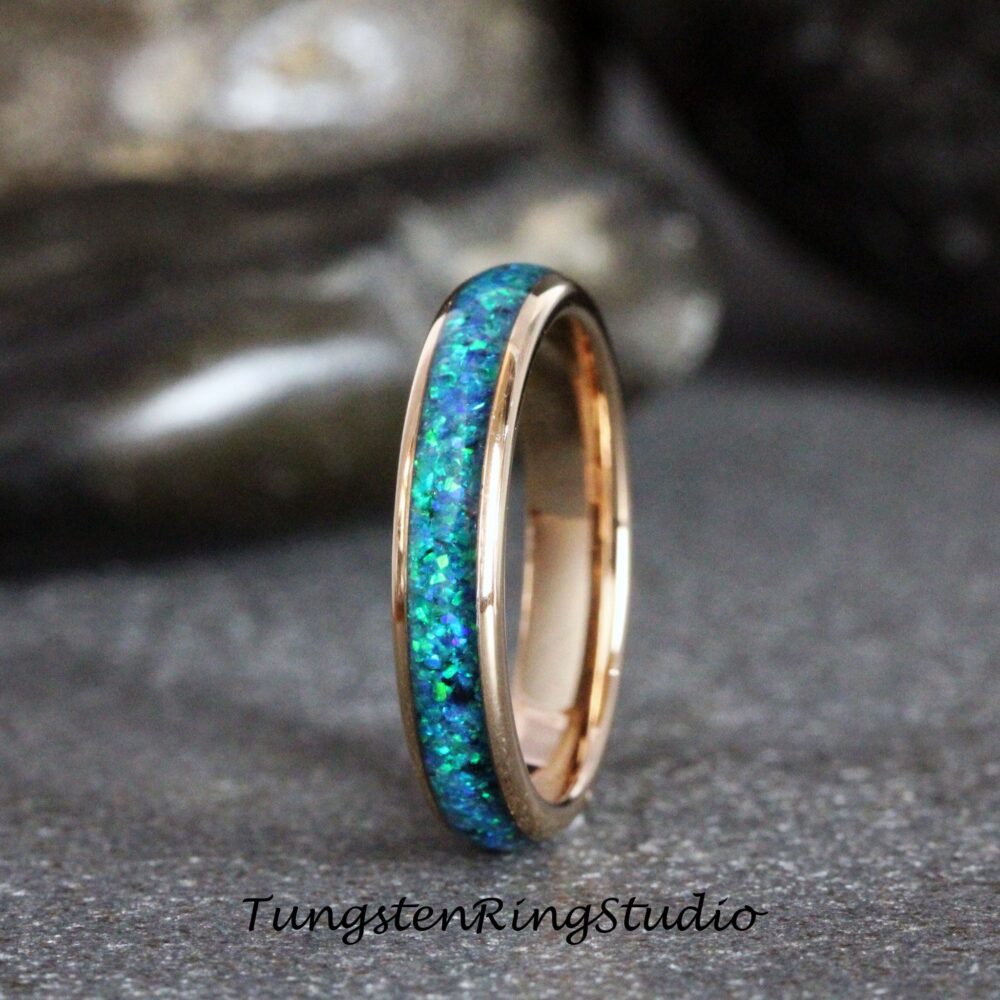 Peacock Blue Opal Rose Gold Tungsten Wedding Ring Band 4mm Silver Black Gift For Her Thin Dainty