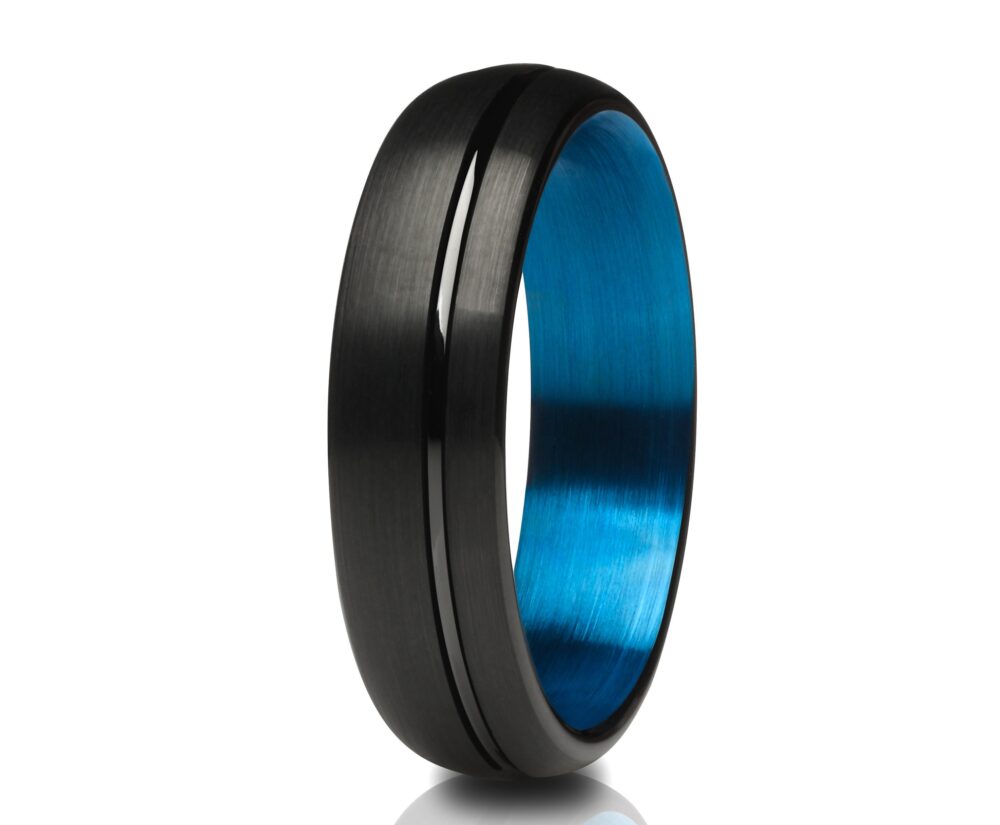 Blue Tungsten Ring, Black Ring, Anniversary Ring, Tungsten Carbide Ring, Unique Wedding Ring, Blue Band, Black Ring, Brush