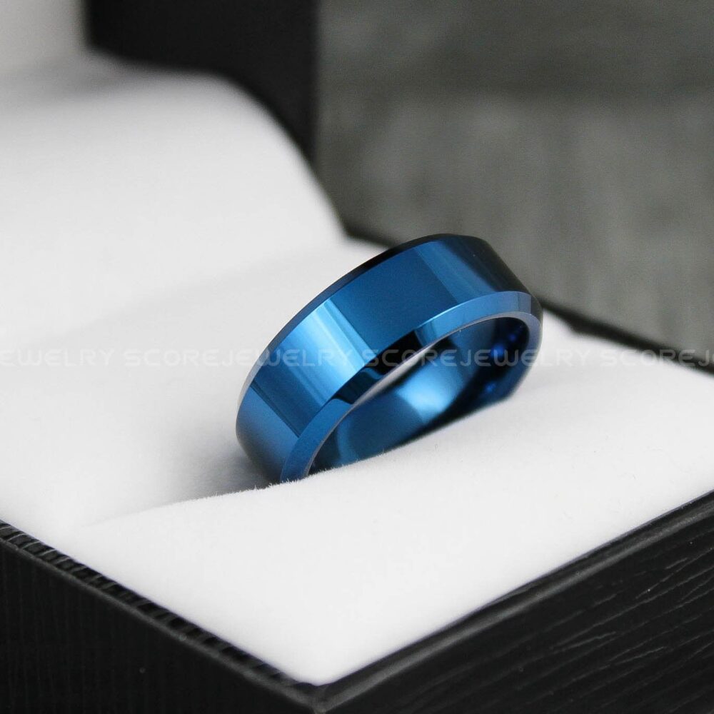 Blue Wedding Ring, Band, 8mm Classic Tungsten Band With Beveled Edge & Polished Finish, 10mm Ring