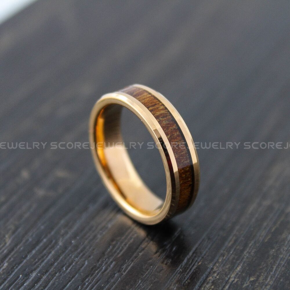 Wood Ring, Rose Gold 6mm 14K Tungsten Band With Redwood Inlay, Wedding Ring