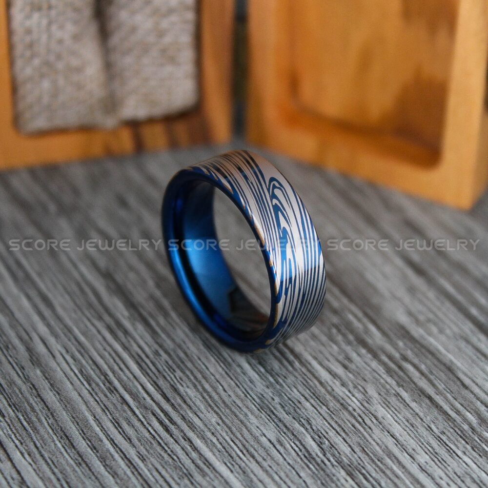 Damascus Steel Ring, 8mm Blue Tungsten Band With Flat Edge Pattern Laser Engraved, Wedding Ring