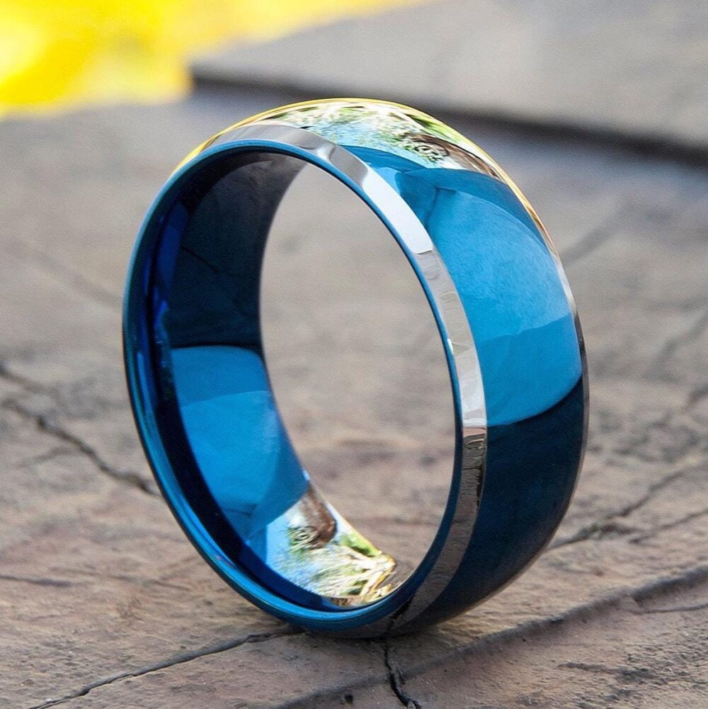 Blue Tungsten Carbide Ring, Gray Silver Edges, High Polish Wedding Band 8mm