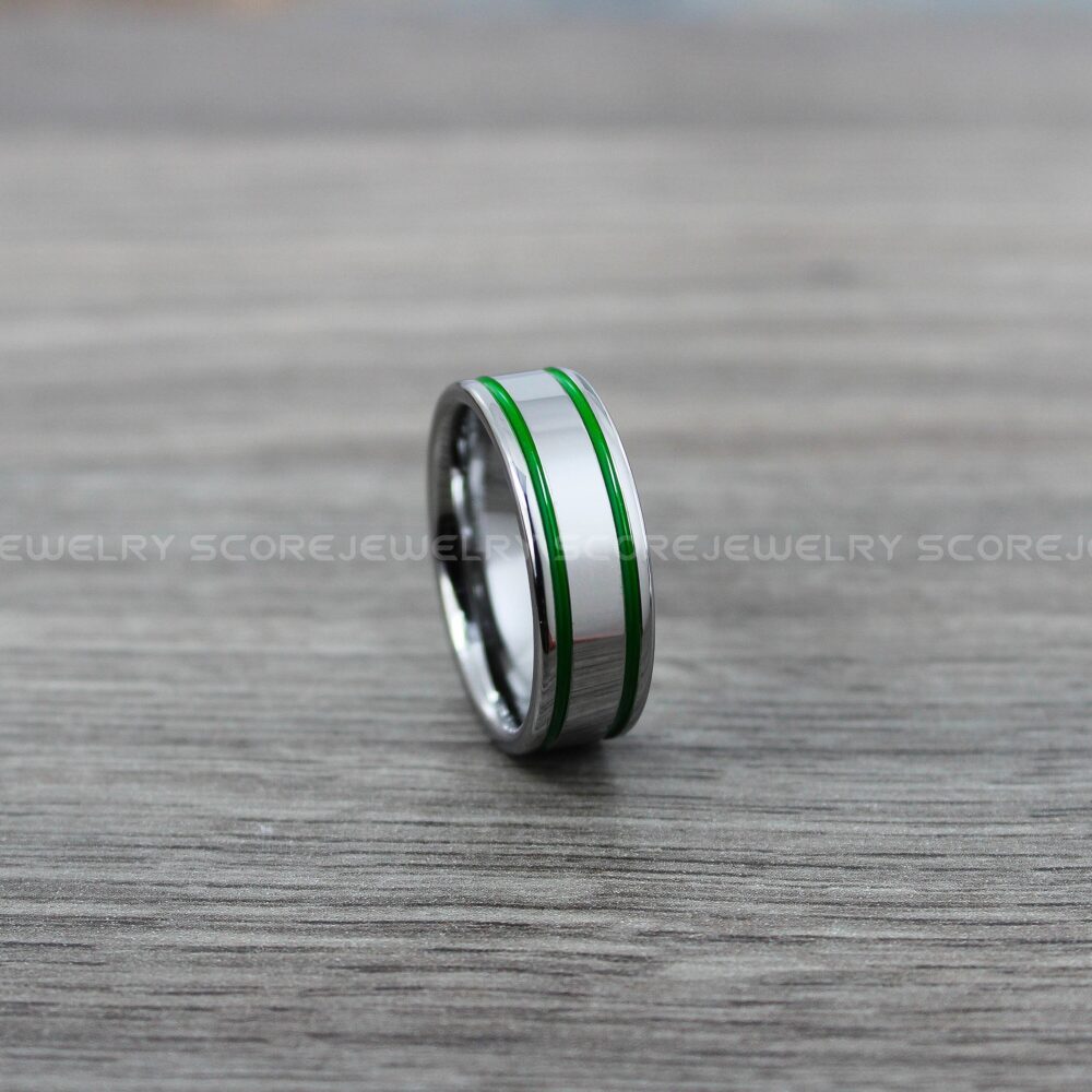 Silver Wedding Ring, 8mm Tungsten Band, Ring With Two Green Center Grooves, Band