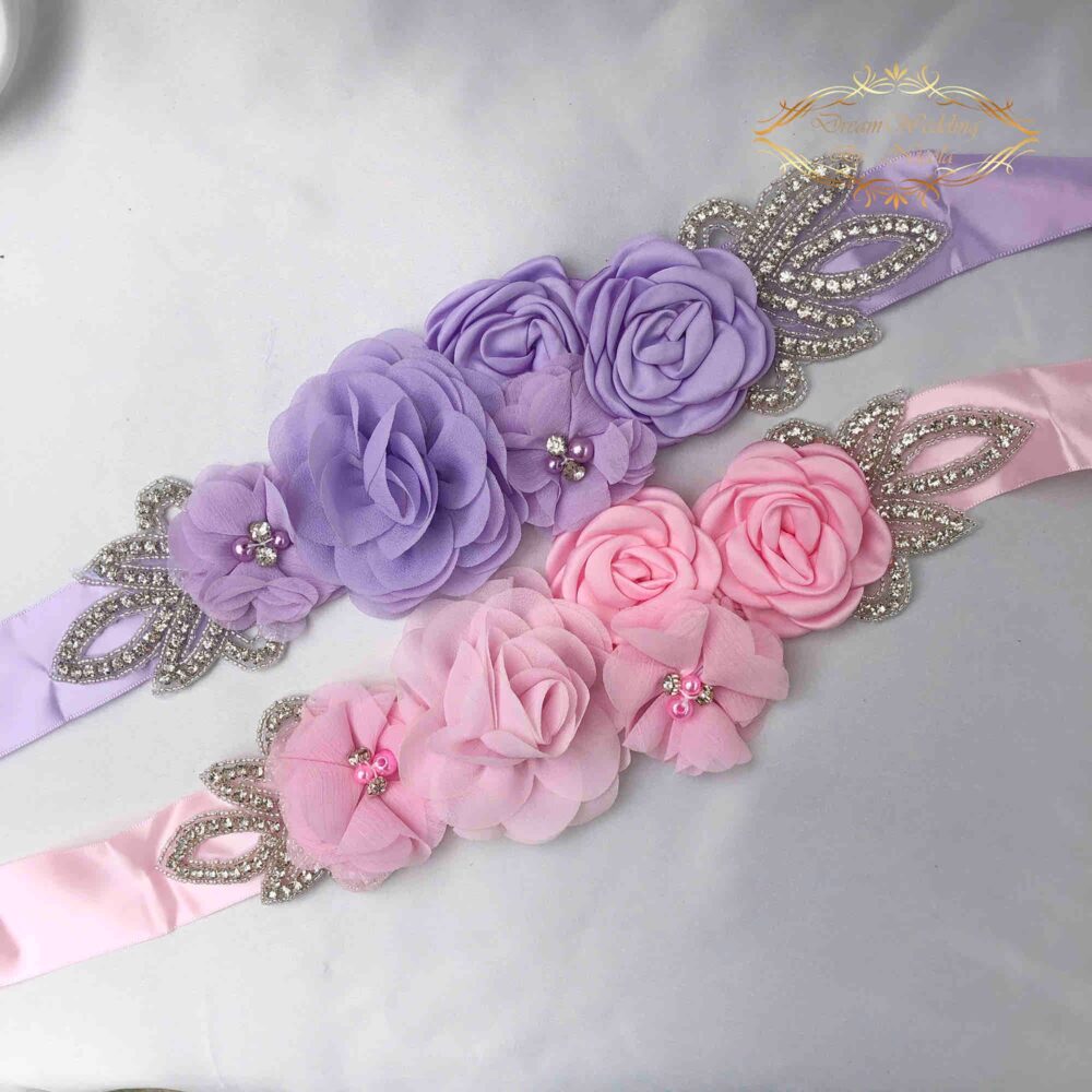 Floral Bridal Sash Pink Flower Wedding Belt With Rhinestones