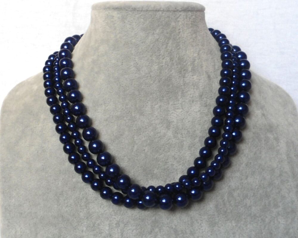 Navy Blue Pearl Necklaces, Wedding Necklace, 18 Inches Necklace, 3 Strands Bead Necklace, Wedding Jewelry, Glass Necklace, Pearl Necklace