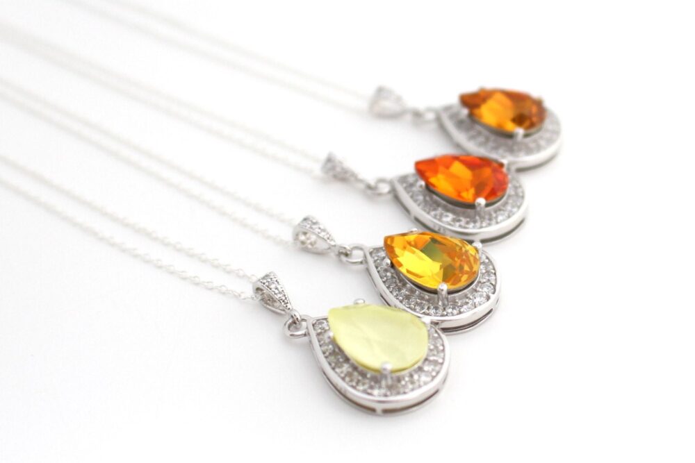 Yellow Wedding Necklace, Bridesmaid Teardrop Bridal Pendant Sunflower Ideas, Orange Swarovski Necklace