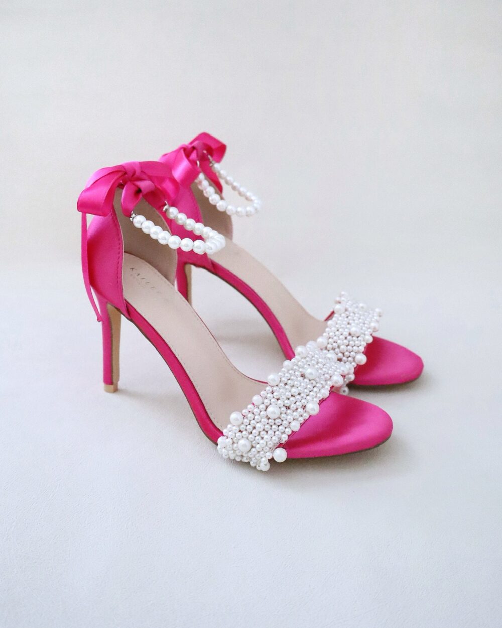 Fuchsia Satin High Heel Wedding Sandals With Perla Applique & All Pearls Strap, Heels Sandals, Bridesmaids Shoes, Bridal