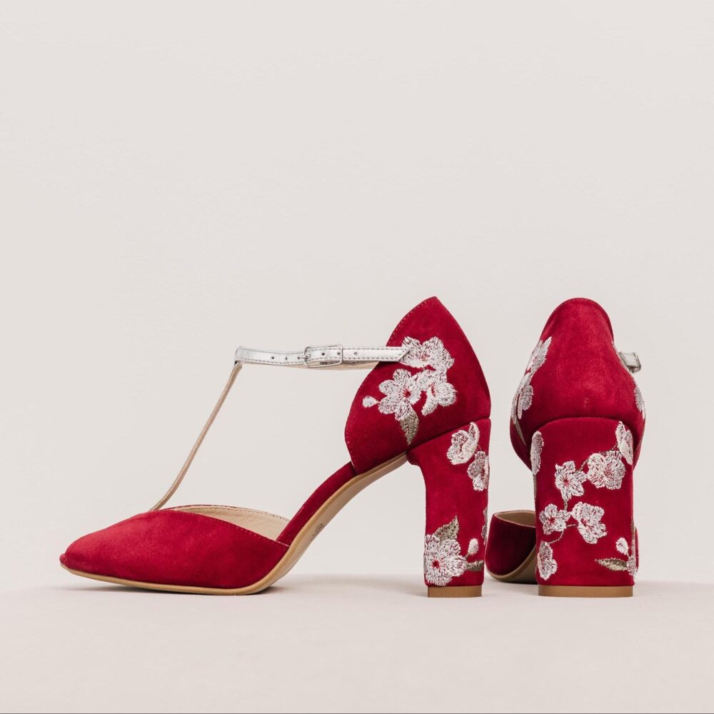 Red Wedding Heels With Sakura Embroidery, Silver T-Strap & Peep Toe, Bridal Shoes in Retro Style Vintage Shoe Block High Heel