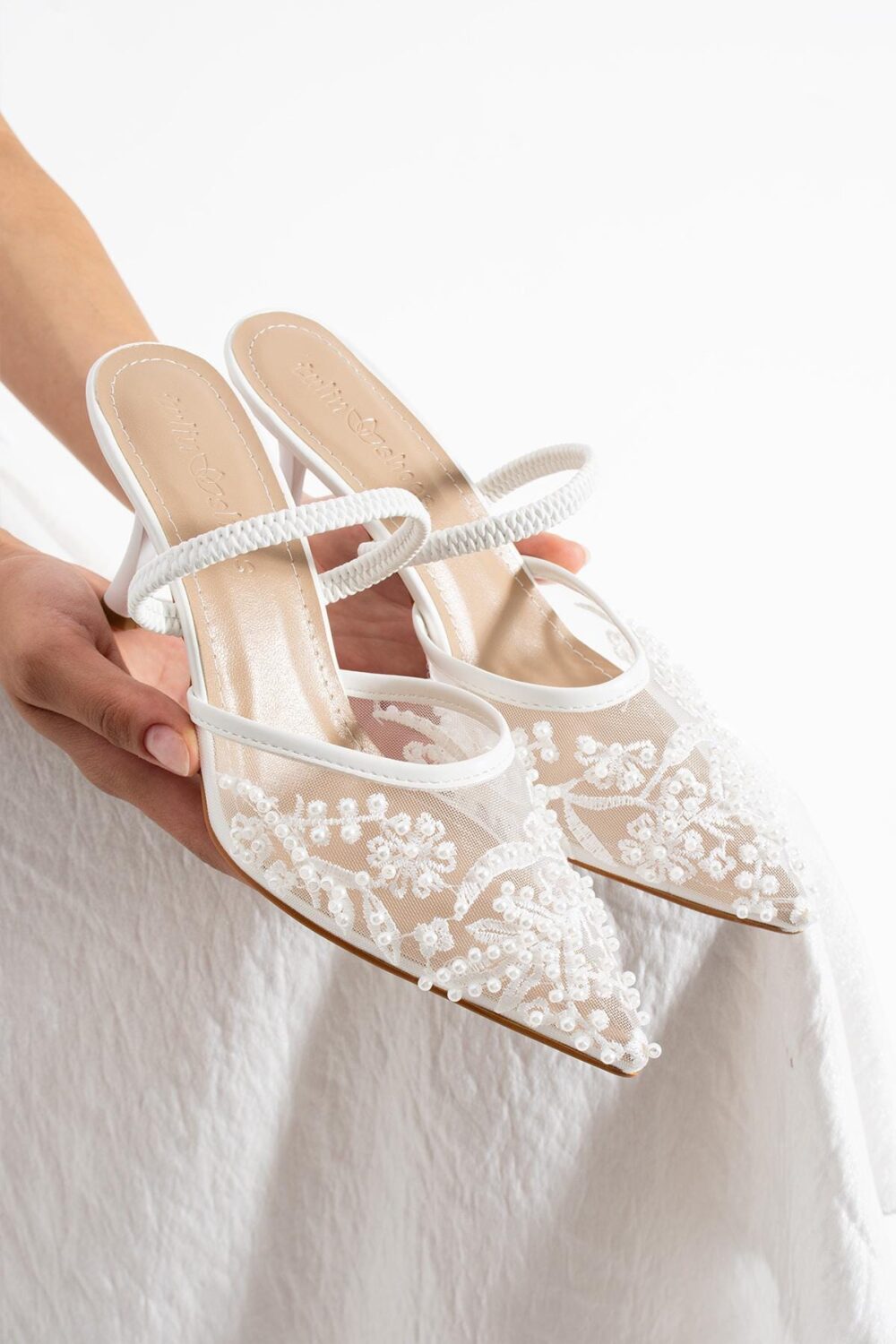 Women Beaded Embroidered High Heel Bridal Wedding Shoes Elegant White Detailed Bride Heels