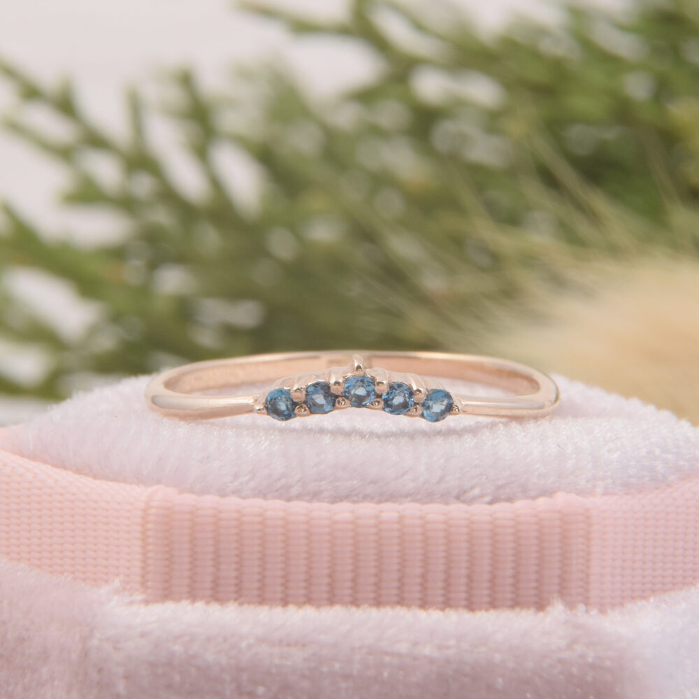 Small & Dainty 14K Yellow Gold V Shaped Chevron Blue Topaz Wedding Band, Delicate Minimalist Curved Womens Gift For Her Ring