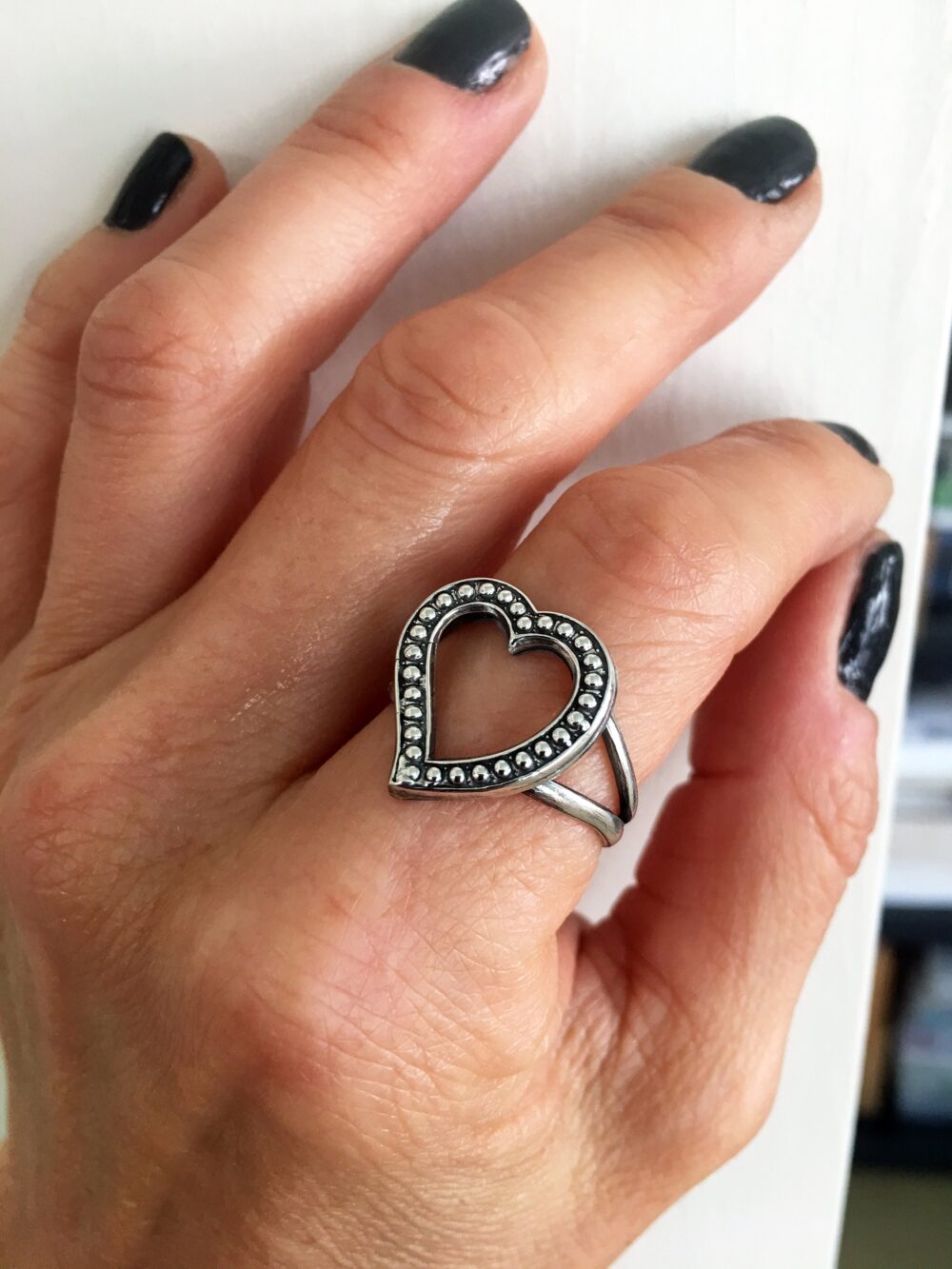 Open Heart Ring, Vintage Curved Silver Shaped Ring