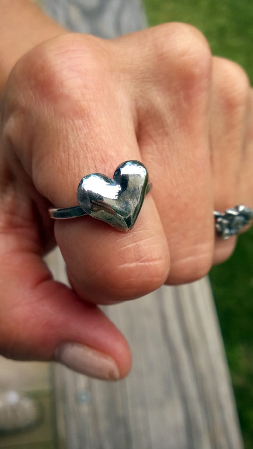 Puffed Heart Ring/Silver Ring/ Solid Big Antiqued Love Shaped Statement Ring