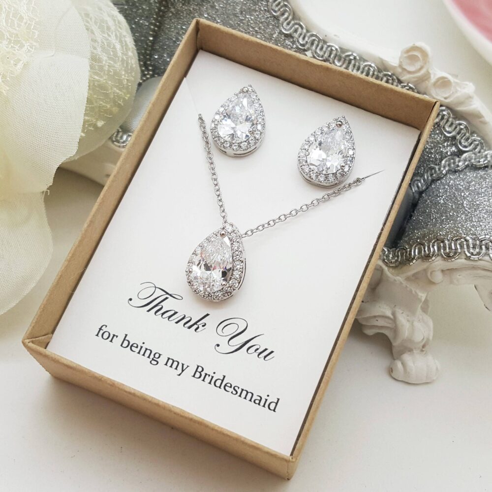 Wedding Bridal Teardrop Bridesmaid Cz Jewelry Set, Bridesmaid Earrings & Necklace Gift, Gift For Mom Party