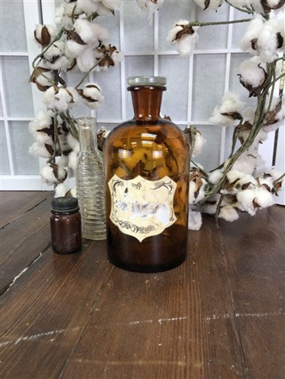 Brown Glass Apothecary Jar, Pharmacy Druggist Medicine Bottle, Amber E2, Display Farmhouse Decor, Vintage Medical