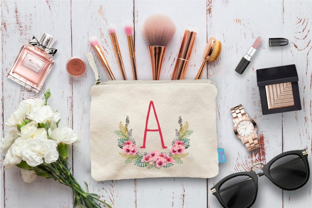 Floral Initial Makeup Bag, Wedding Party Gift, Cotton Canvas Pouch