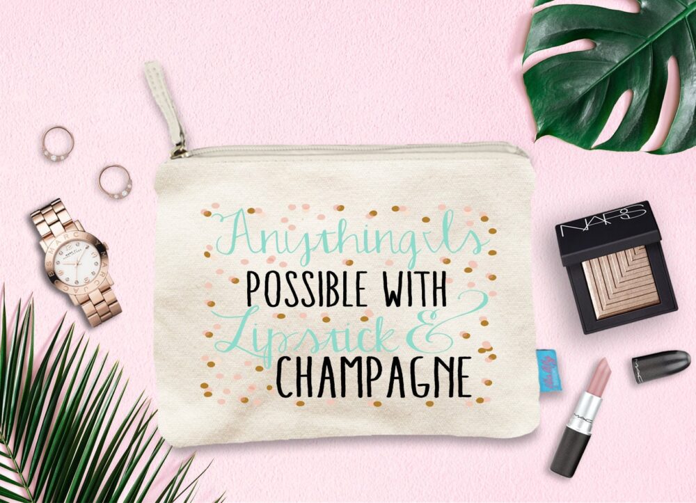 Wedding Day Makeup Bag, Bridesmaid Cosmetic Pouch, Lipstick & Champagne Canvas Bag