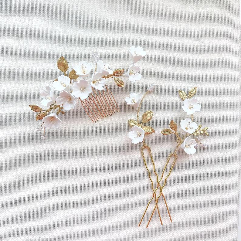 Floral Wedding Hair Comb & Pins Set, Gold Leaf Crystal Bridal Hairpiece