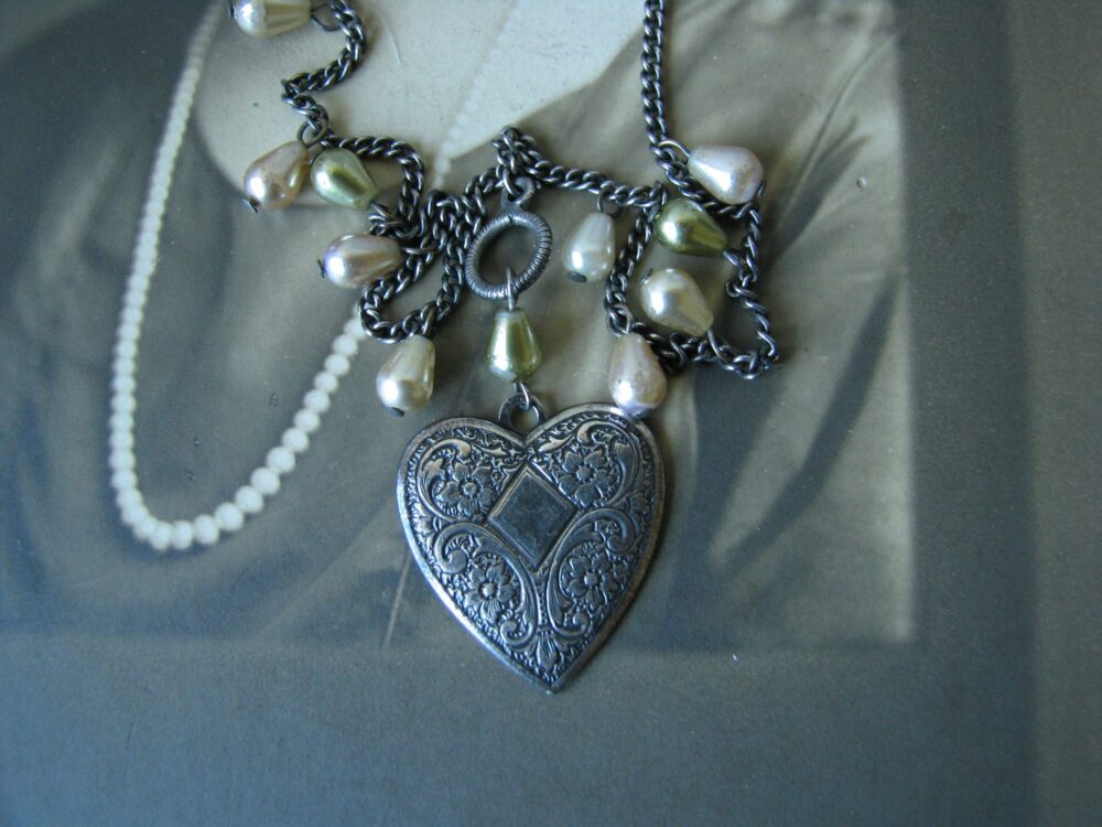 Silver Heart Necklace, Vintage Beaded Victorian Style Hear Faux Pearl Wedding Necklace