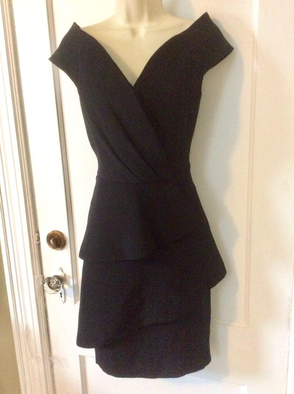 Arnold Scaasi Little-Black-Dress - Off-Shoulder 1980's Vintage Black Diagonal Ruffled/Pleated Cap-Sleeve Dress By Scaasi Size 4