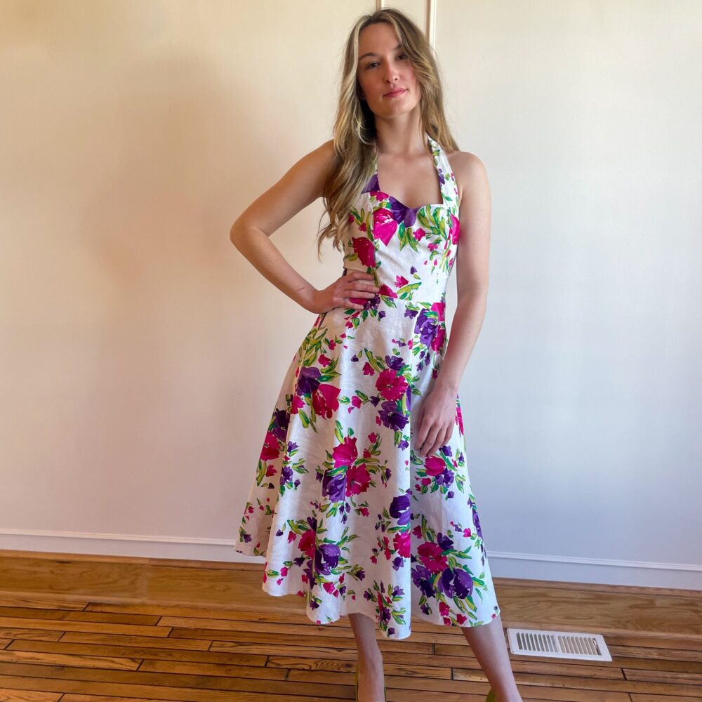 80S Floral Halter Dress - Vintage Rockabilly Garden Party Midi