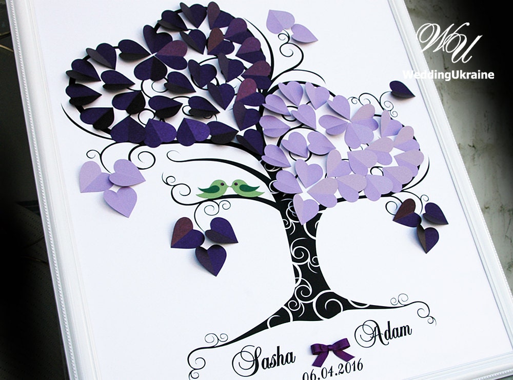 Purple Wedding Guest Book Ideas - Tree With Green Love Birds 3D Tree Modern Alternative To Traditional Guestbooks