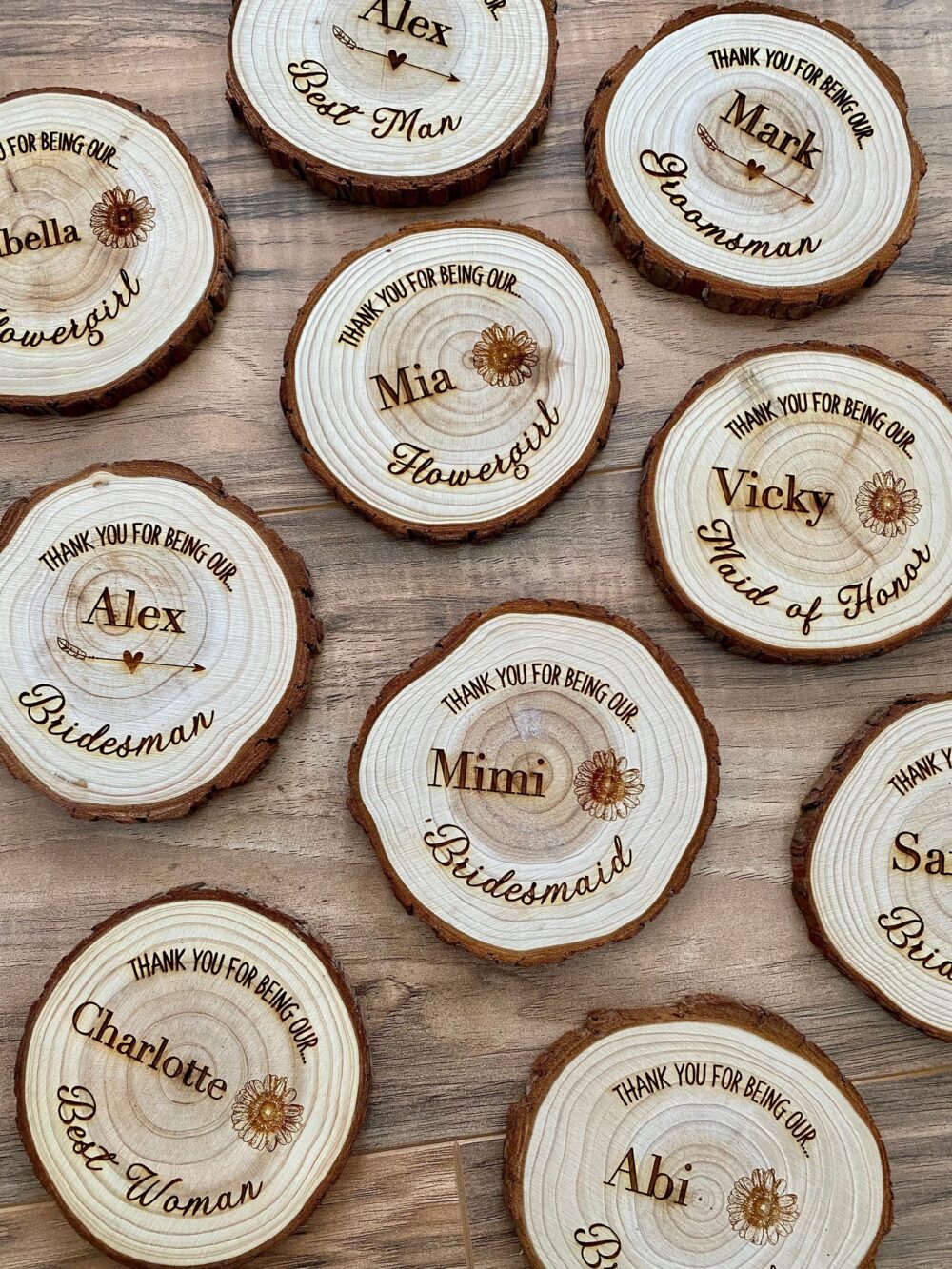 Wood Slice Wedding Party Gifts - Laser Engraved With Name, Role, & Design Accents Rustic Bridesmaid Gift