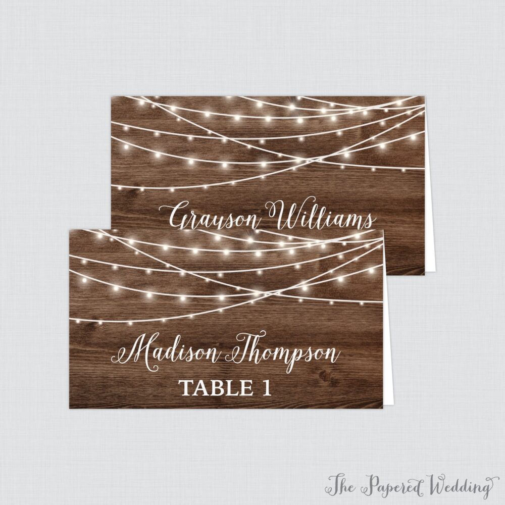 Printed Rustic Wedding Place Cards - Personalized Wood & String Lights Table Cards, Country Barn Card For 0036