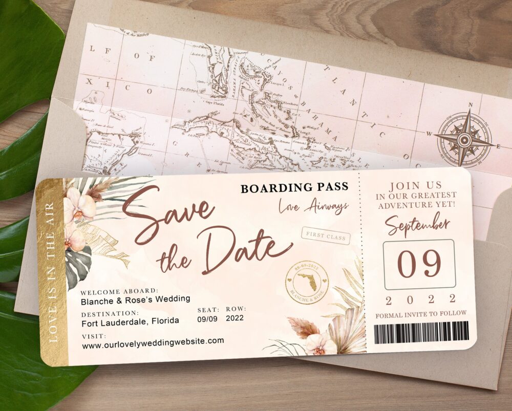 Destination Wedding Boarding Pass Save The Date Gold Burgundy Tropical Orchid Palm Monstera Leaf - See Item Details To Order