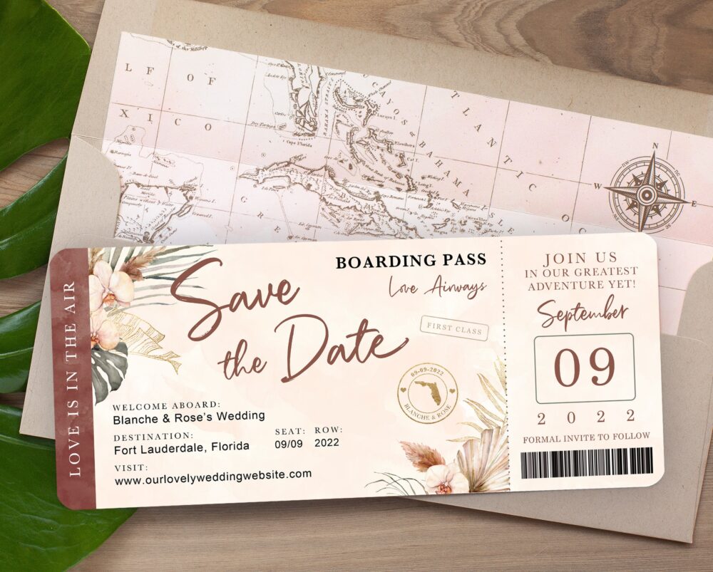Destination Wedding Boarding Pass Save The Date Burgundy Gold Accent Tropical Orchid Palm Monstera Leaf - See Item Details To Order